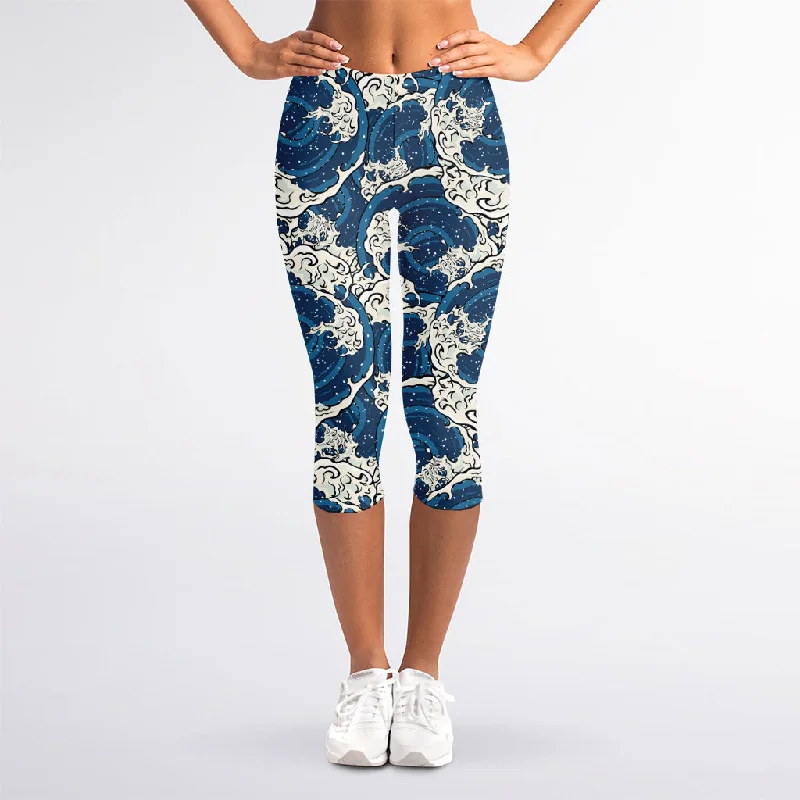 Price Rollback Japanese Ocean Wave Pattern Print Women's Capri Leggings