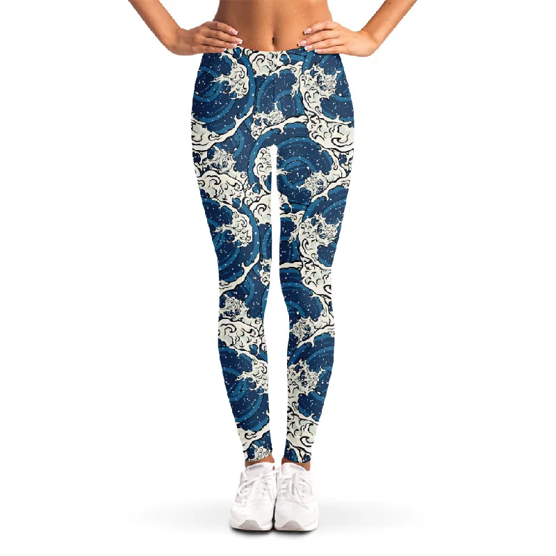 Final Clearance Japanese Ocean Wave Pattern Print Women's Leggings