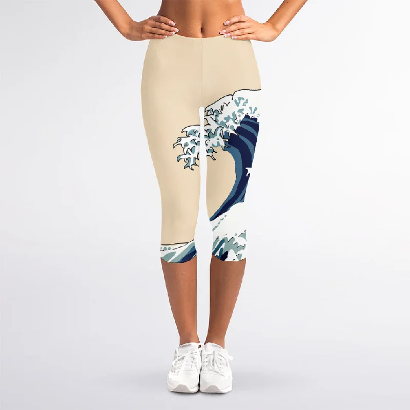 New Deals Japanese Ocean Wave Print Women's Capri Leggings