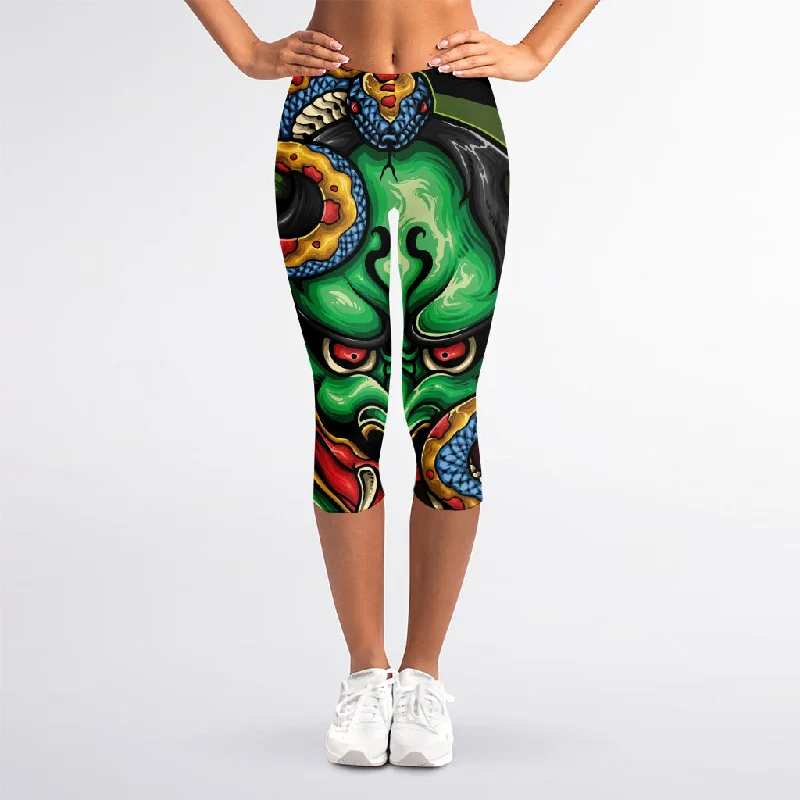 Markdowns Japanese Oni Demon With Snake Print Women's Capri Leggings