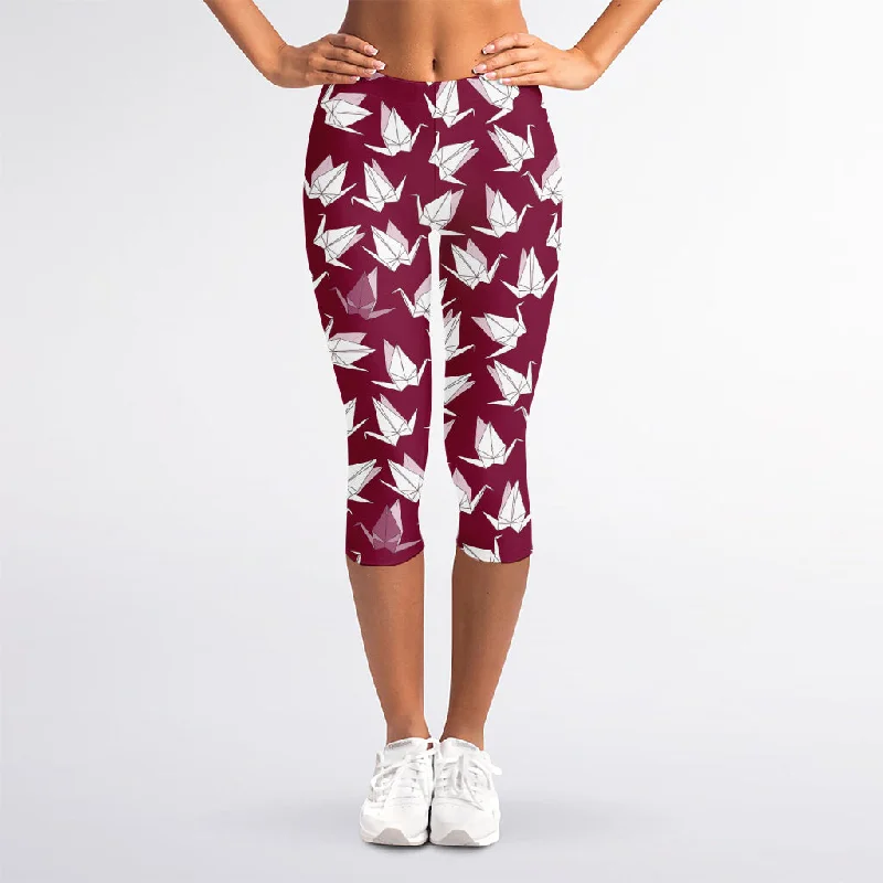 Low Prices Japanese Origami Crane Pattern Print Women's Capri Leggings