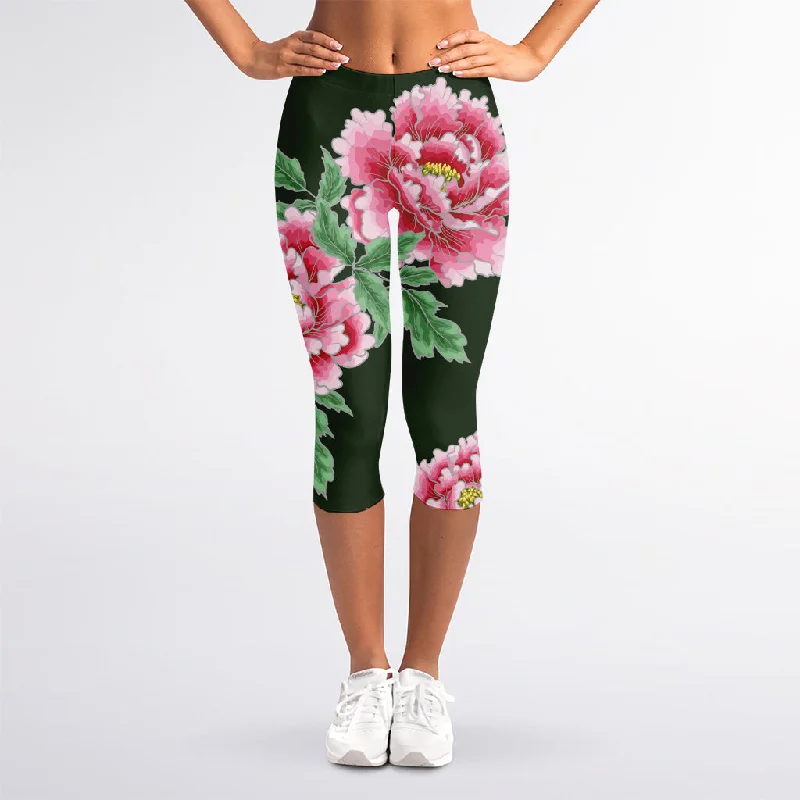 Hurry In Japanese Peony Print Women's Capri Leggings