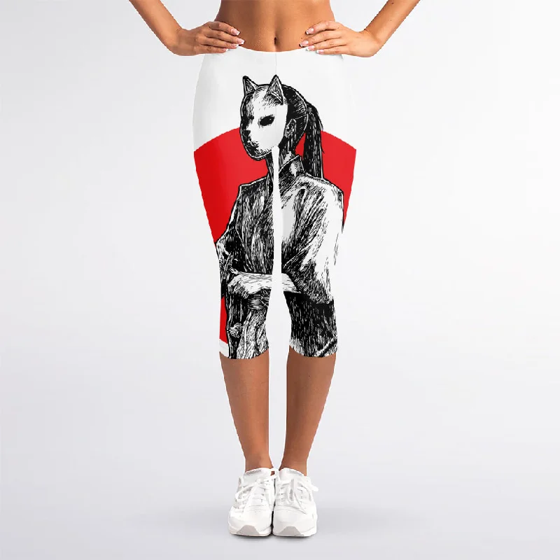Don't Wait Japanese Samurai Girl Print Women's Capri Leggings