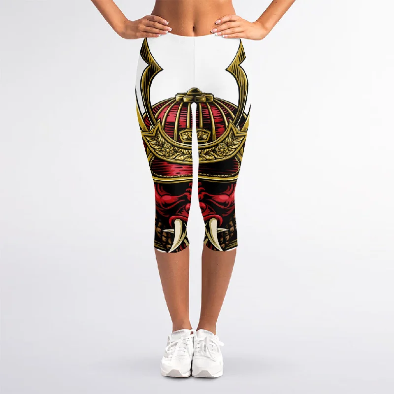 Discount Deals Japanese Samurai Helmet Print Women's Capri Leggings