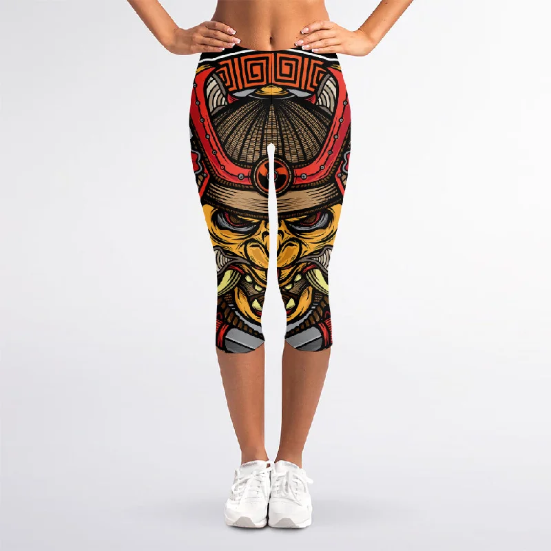 Online Specials Japanese Samurai Mask Print Women's Capri Leggings