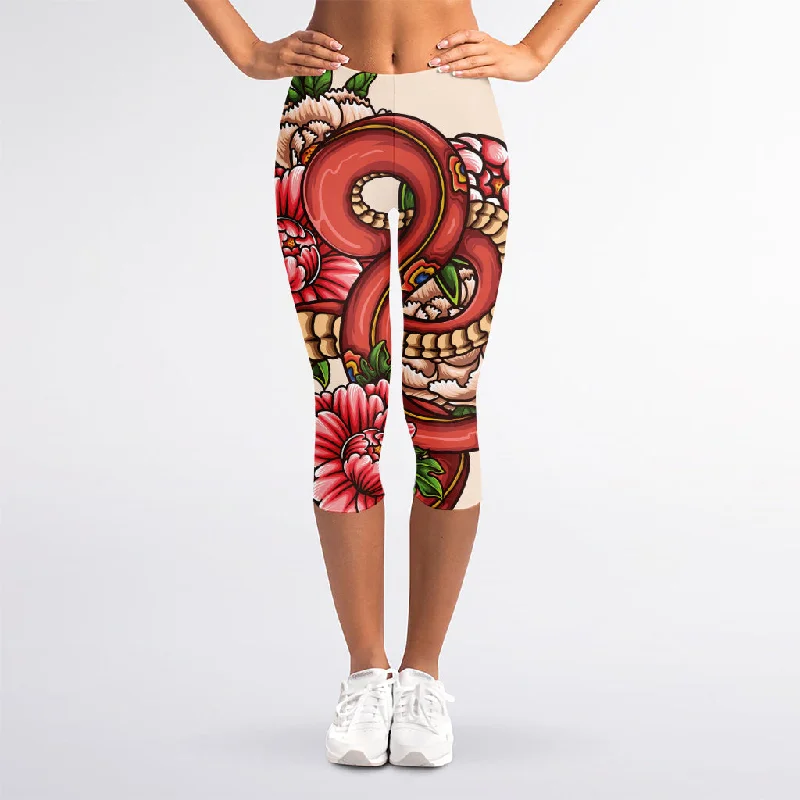 Amazing Deals Japanese Snake Tattoo Print Women's Capri Leggings