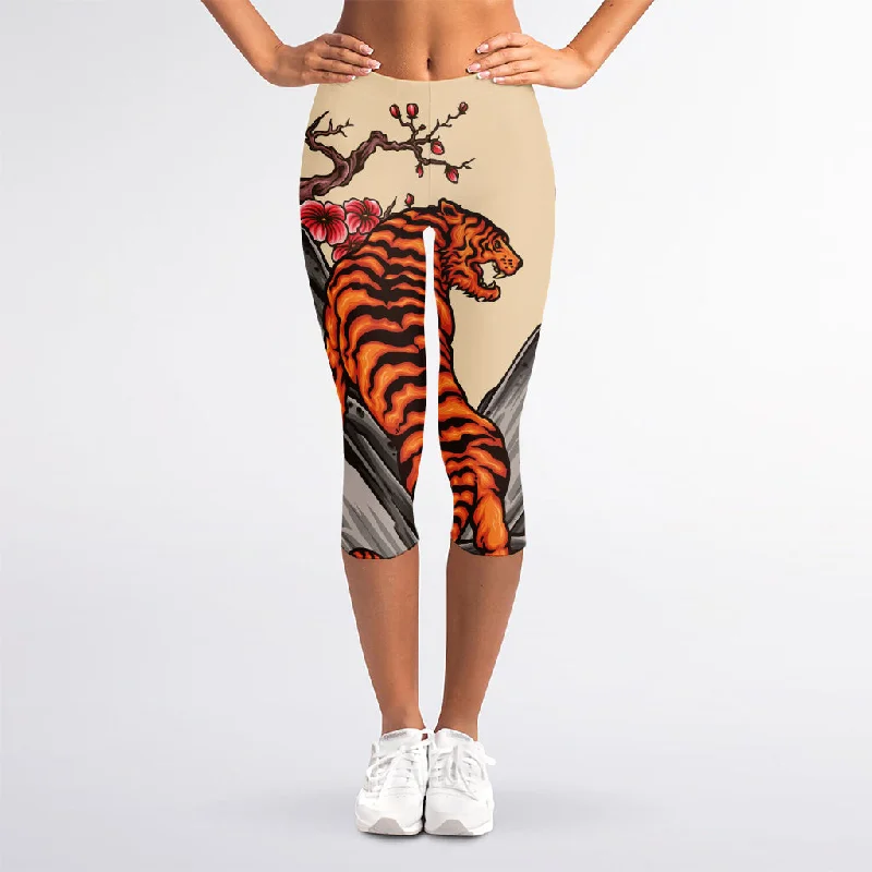 Flash Deals Japanese Tiger Tattoo Print Women's Capri Leggings