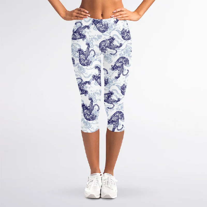 YEAR-End Clearance Japanese White Tiger Pattern Print Women's Capri Leggings