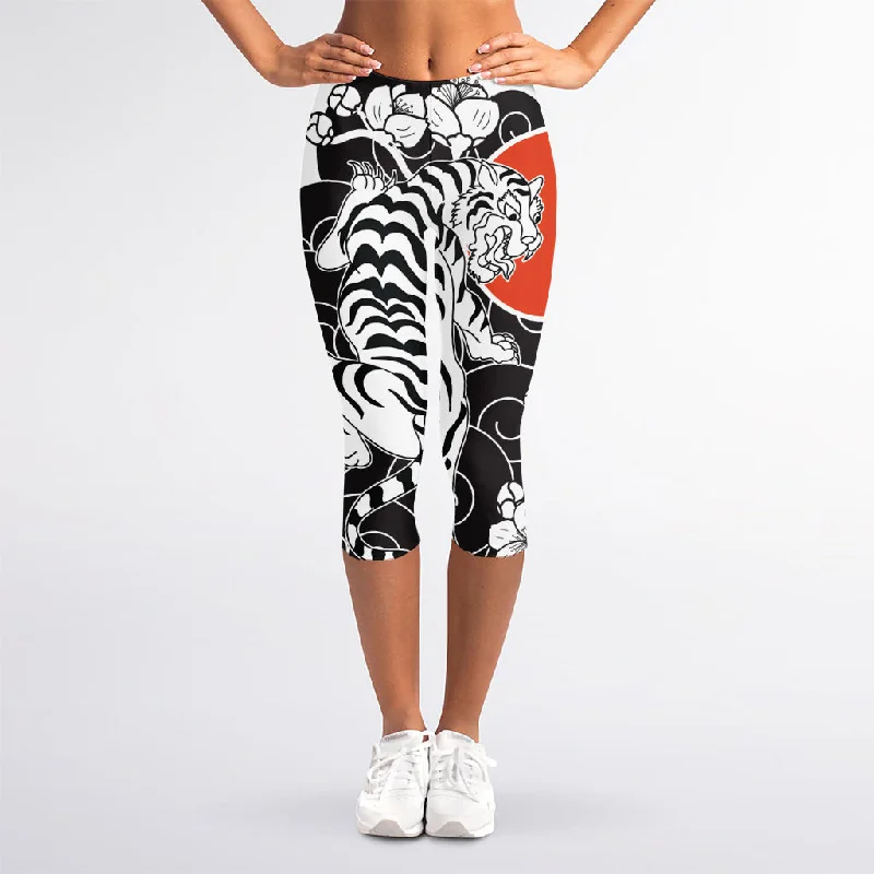 Buy More, Save More Japanese White Tiger Tattoo Print Women's Capri Leggings