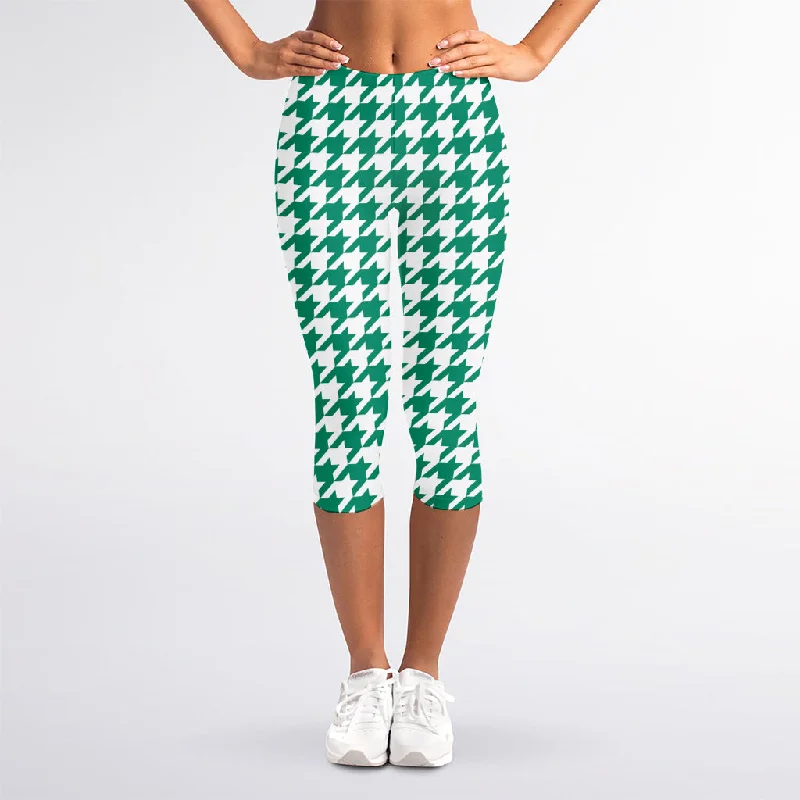 Super Sale Jungle Green And White Houndstooth Print Women's Capri Leggings