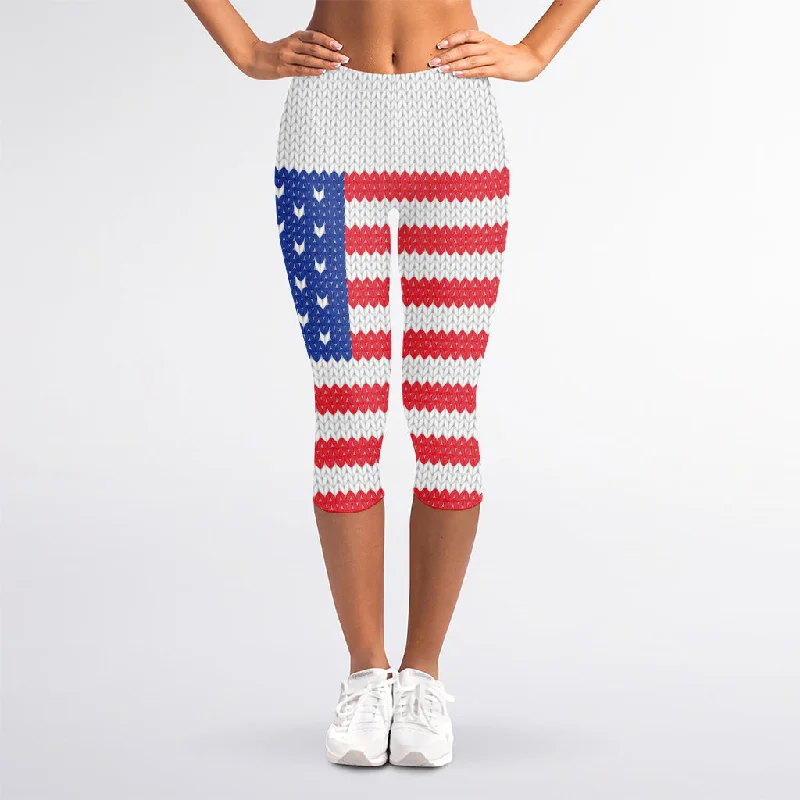Deal Zone Knitted American Flag Print Women's Capri Leggings