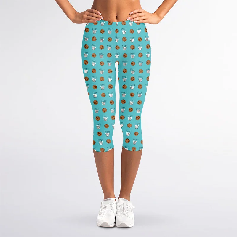 Bonus Savings Milk And Cookies Pattern Print Women's Capri Leggings