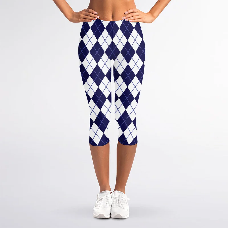 Midnight Sale Navy Blue And White Argyle Pattern Print Women's Capri Leggings