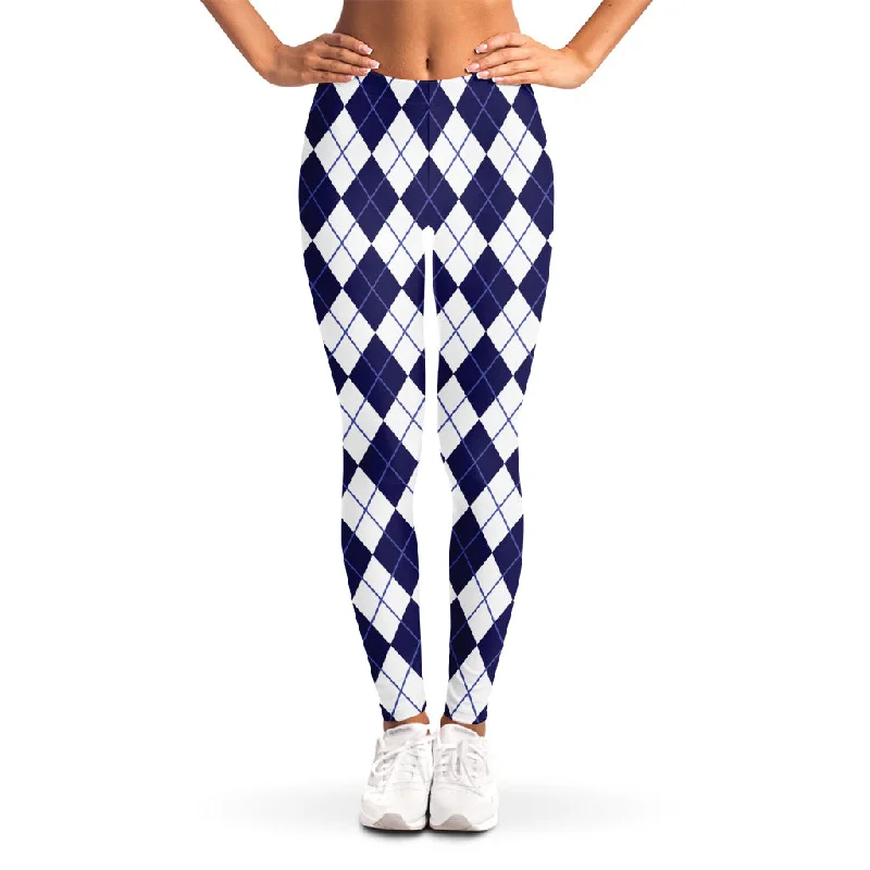 Early Access Navy Blue And White Argyle Pattern Print Women's Leggings