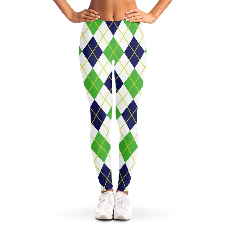 Fantastic Offers Navy Green And White Argyle Print Women's Leggings