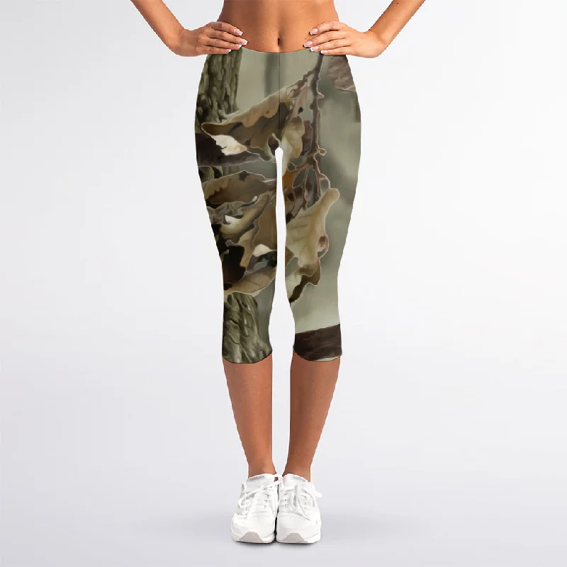 Midnight Madness Oak Tree Hunting Camouflage Print Women's Capri Leggings