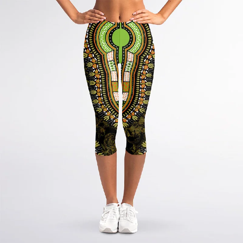 Great Bargains Orange And Black African Dashiki Print Women's Capri Leggings