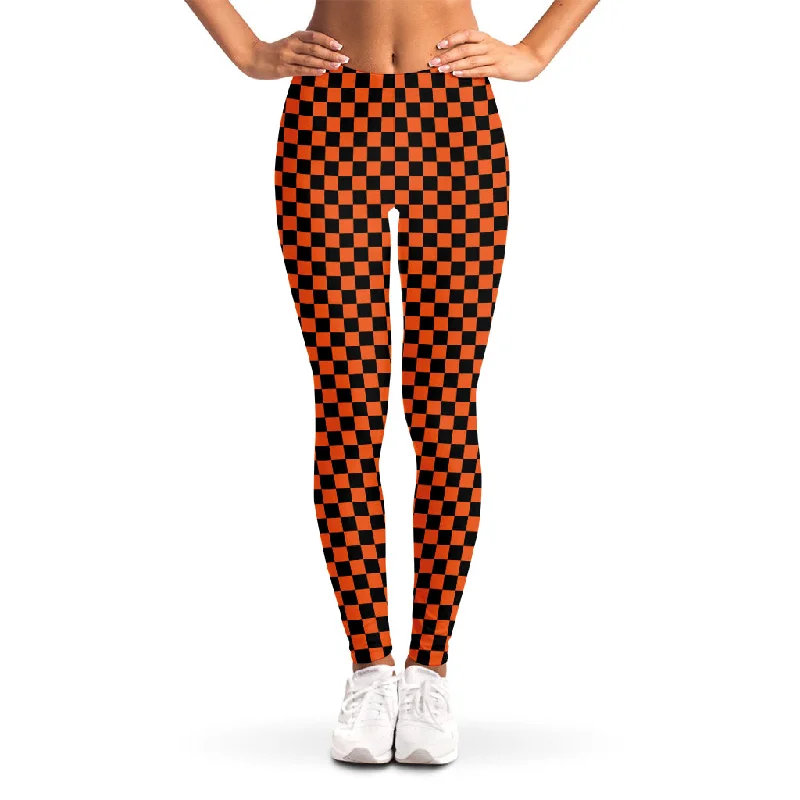 Super Sale Orange And Black Checkered Pattern Print Women's Leggings