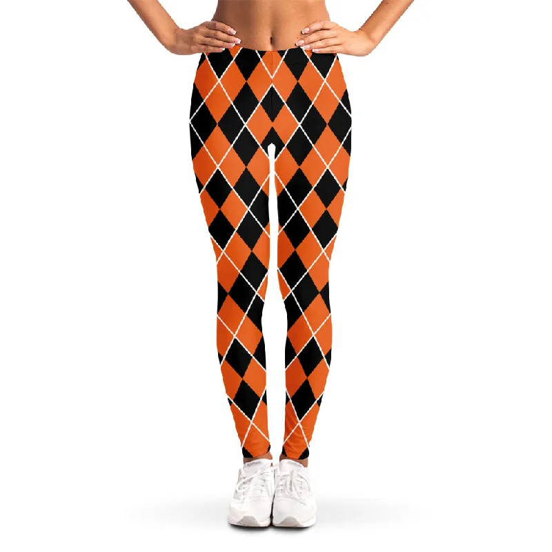 Deal Explosion Orange And Black Halloween Argyle Print Women's Leggings