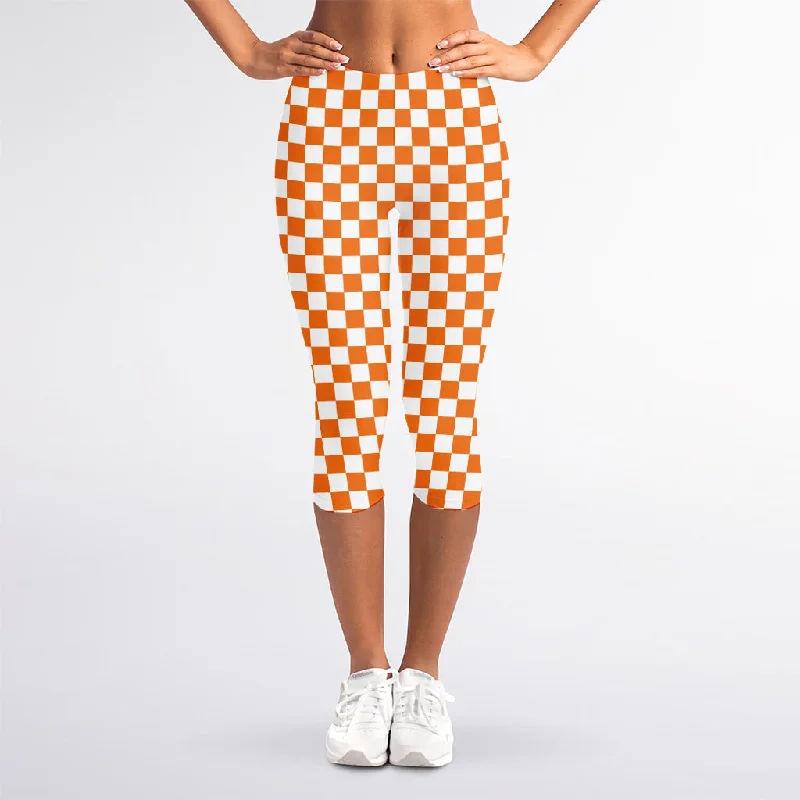 Discount Deals Orange And White Checkered Pattern Print Women's Capri Leggings