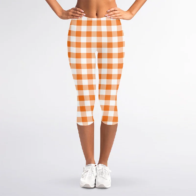 Daily Deals Orange And White Gingham Pattern Print Women's Capri Leggings