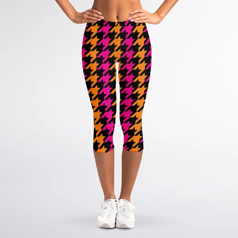 New Markdowns Orange Pink And Black Houndstooth Print Women's Capri Leggings