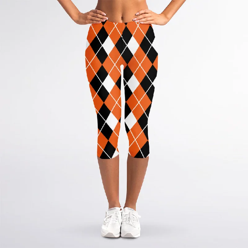 Lowest Price Orange White And Black Argyle Print Women's Capri Leggings