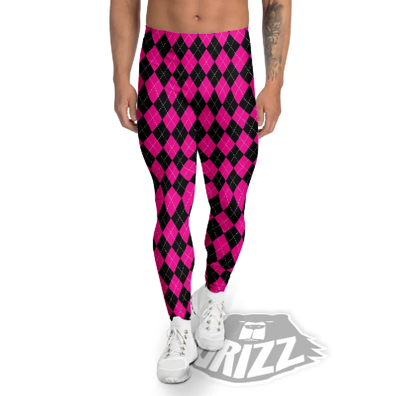 Final Clearance Pink Argyle Deep And Black Print Pattern Men's Leggings