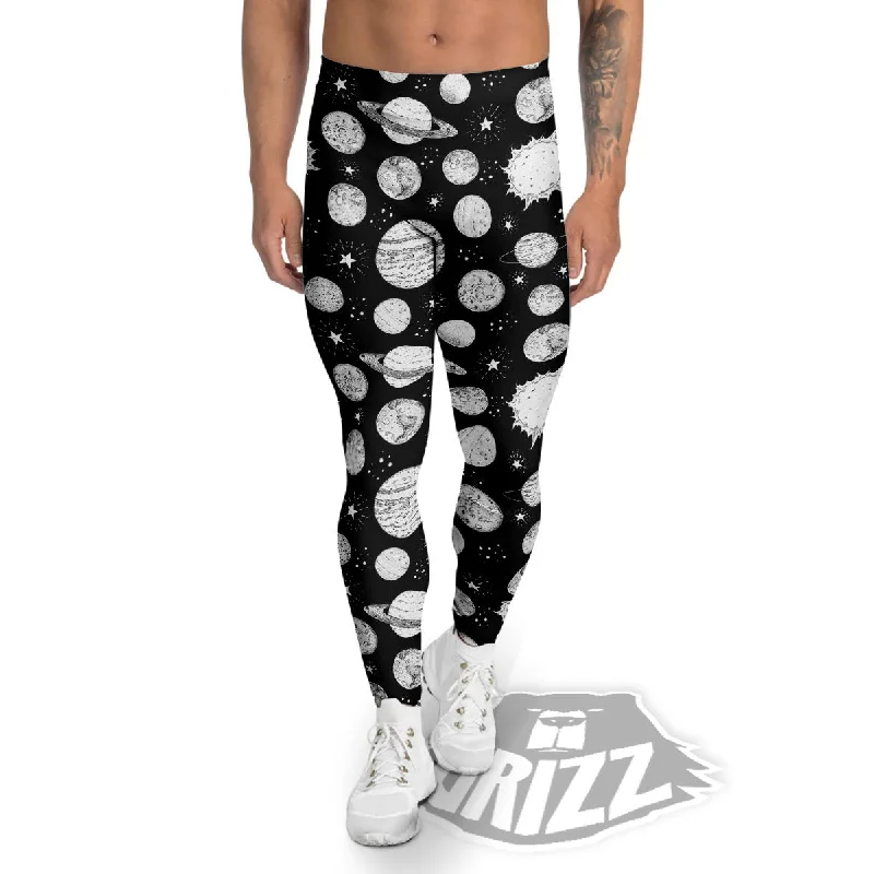 Overstock Sale Planets White And Black Print Pattern Men's Leggings