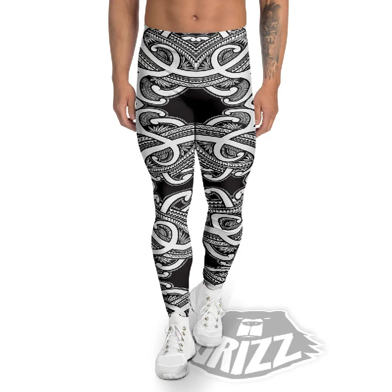 Customer Appreciation Sale Polynesian Tattoo White And Black Print Men's Leggings
