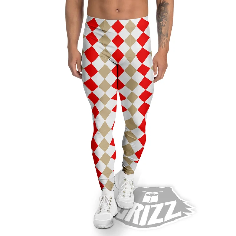 Massive Deals Red Beige And White Argyle Print Pattern Men's Leggings