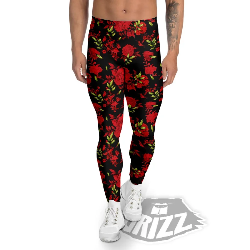Super Bargain Roses Floral Red And Black Print Men's Leggings