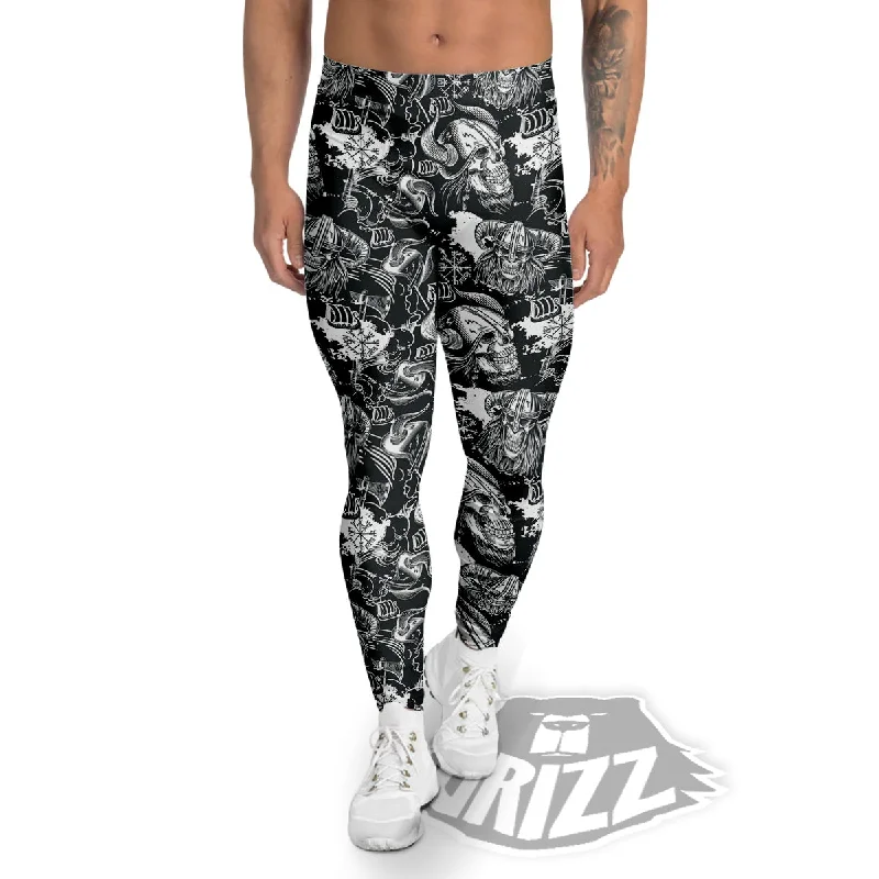 Price Buster Skulls in Viking Helmets Print Pattern Men's Leggings