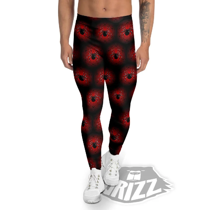 Flash Sale Spider Black And Red Spider Web Print Pattern Men's Leggings