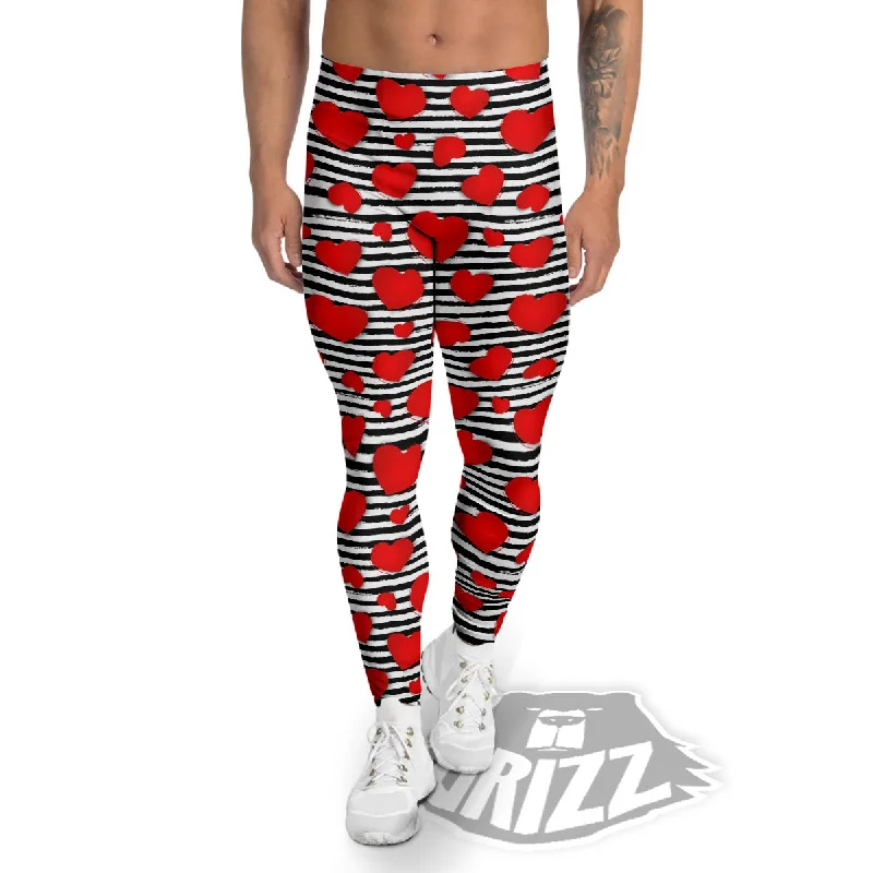 Can't Be Beat Striped Heart White And Black Print Men's Leggings