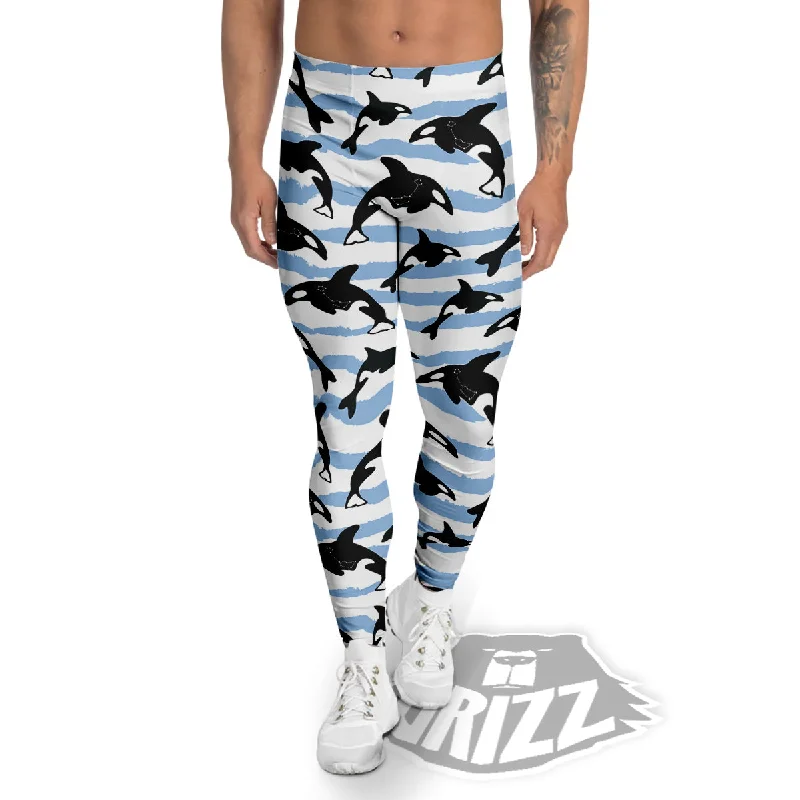 Big Savings Striped Killer Whale Blue Print Pattern Men's Leggings