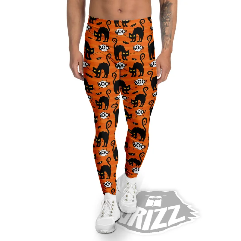 Unmissable Offer Striped Orange Black Cat Angry Print Pattern Men's Leggings