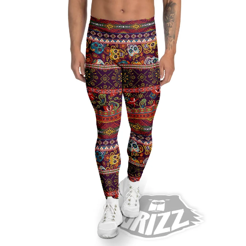YEAR-End Clearance Striped Skull Mexican Style Print Pattern Men's Leggings