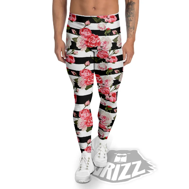 Special Price Stripes Peony And Roses Print Pattern Men's Leggings