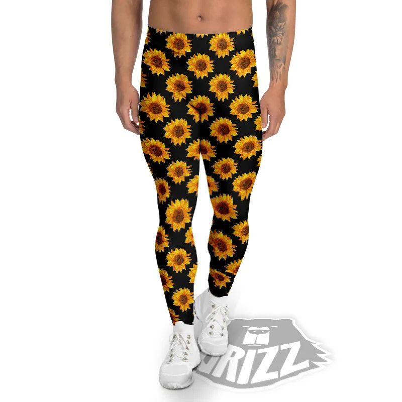 Huge Discounts Sunflower Black Autumn Print Pattern Men's Leggings