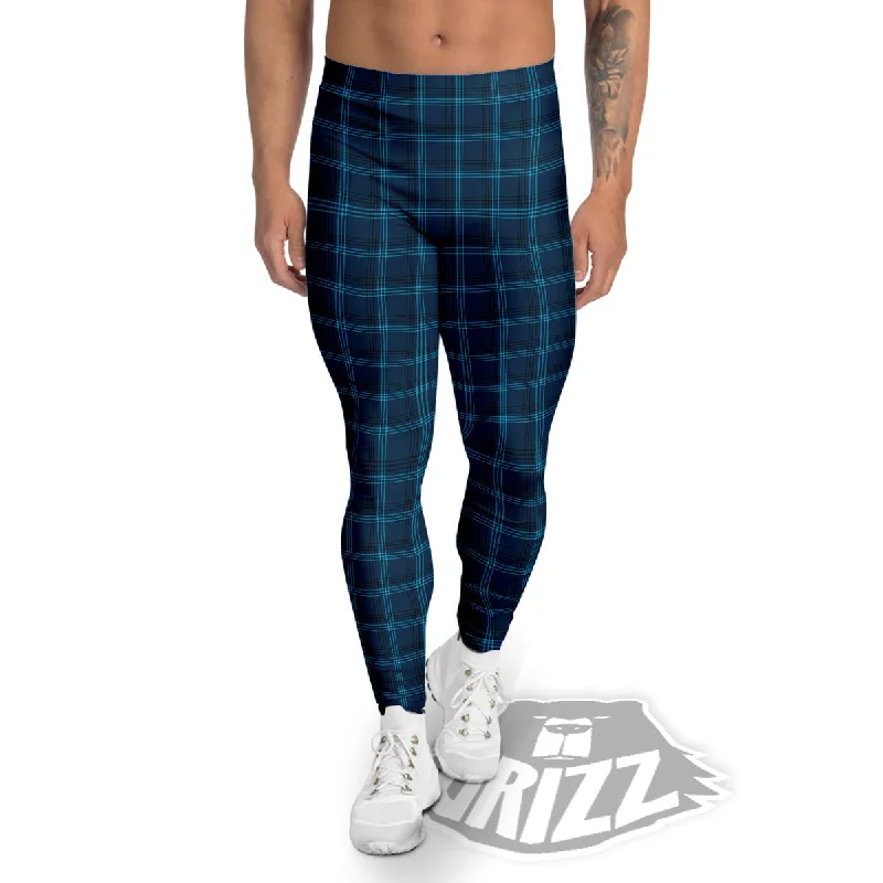 Markdown Madness Tartan Blue And Black Print Pattern Men's Leggings