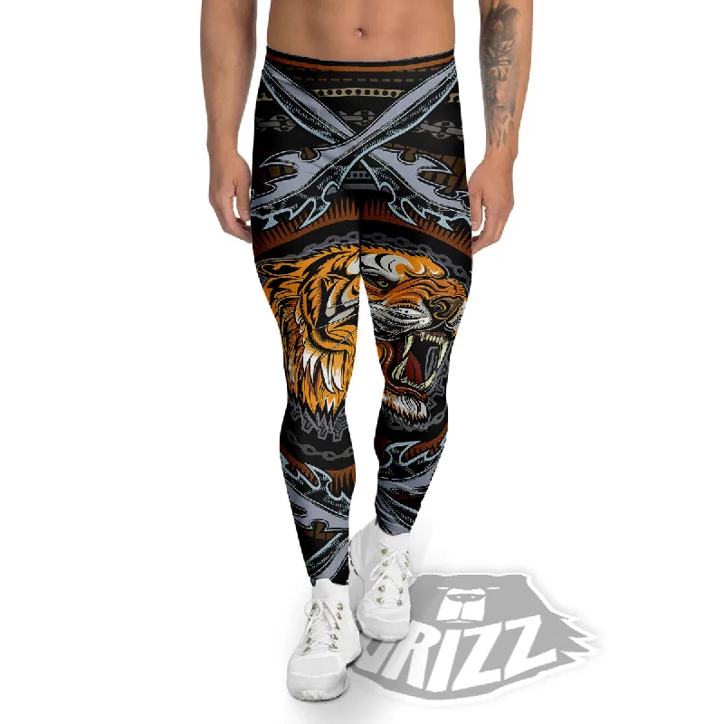 Clearance Sale Tiger And Crossed Swords Print Men's Leggings