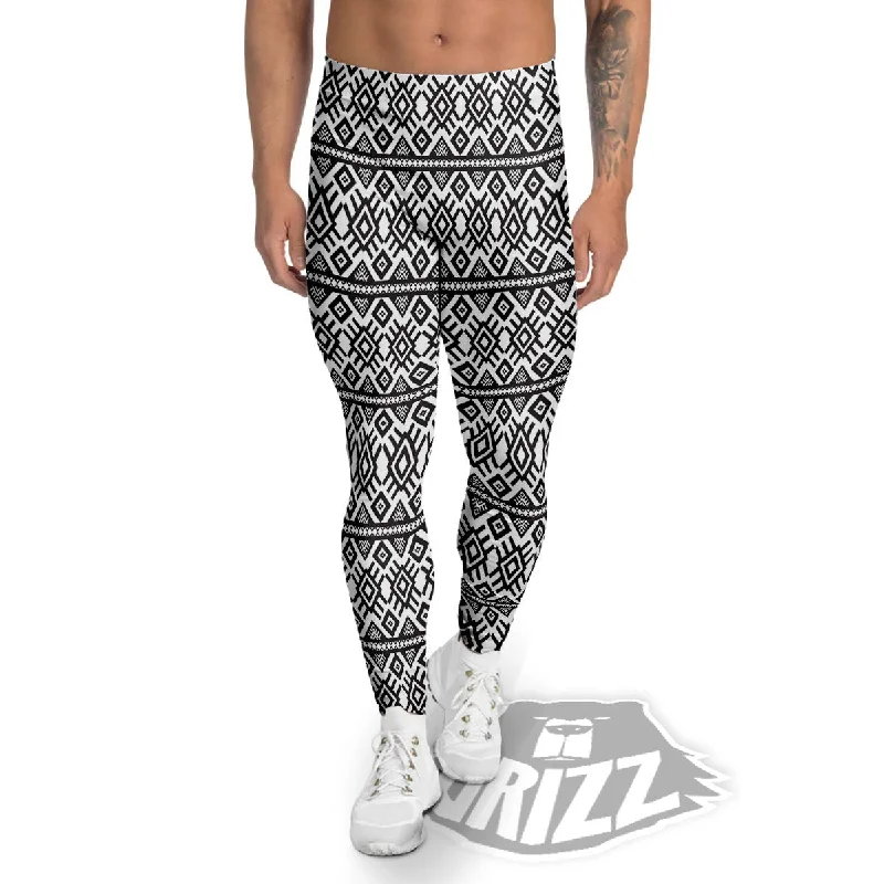 Huge Discounts Tribal Geometric White And Black Print Men's Leggings