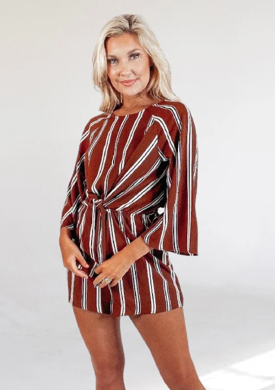 Bonus Savings Brown Striped Quarter Sleeve Romper