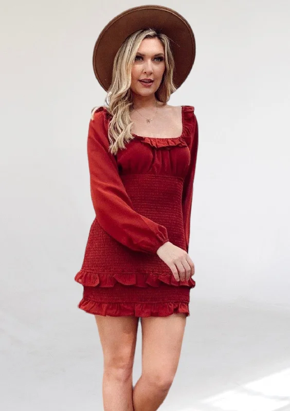 Quick Sale Crimson Red Smock Long Sleeve Dress