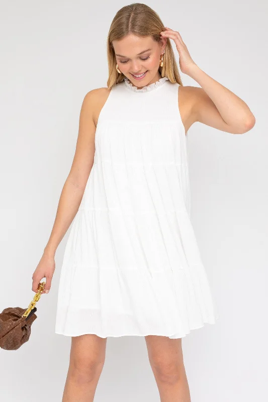 Mega Sale Aubrey White Flowy Shift Dress High Neck Sleeveless