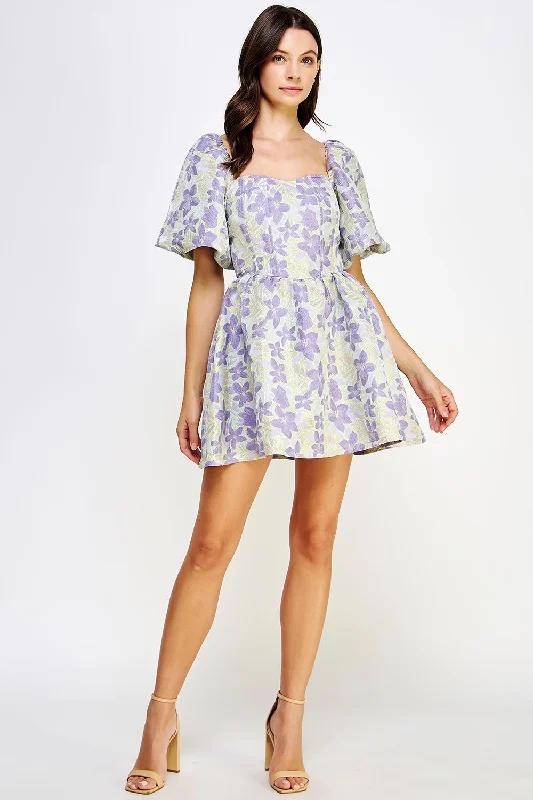 New Arrival Balloon Sleeve Floral Jacquard Mini Dress
