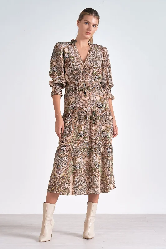 Quick Sale Beige Paisley Tiered Midi Dress