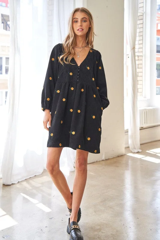 Hot Deal Black Babydoll Corduroy Floral Henley Style Long Sleeve Short Dress