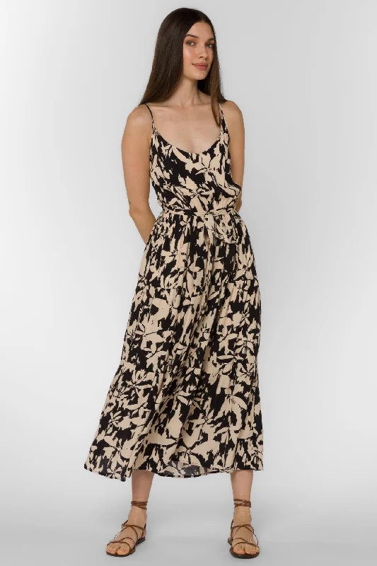 Special Discount Black & Cream Floral Tiered Midi Dress